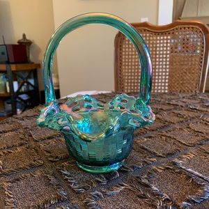 Fenton Art Iridescent Carnival Glass Basket with Handle